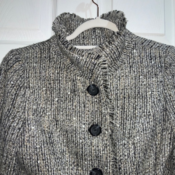 Madison wool blend tweed button front jacket Sz 2P fringe trim bell cuffs - Picture 5 of 8